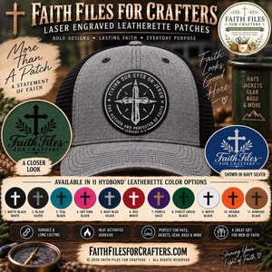 May include: A gray and black trucker hat featuring a circular laser-engraved leatherette patch with a cross design and the text Fixing Our Eyes On Jesus The Author And Perfecter Of Faith Hebrews 12:2, displayed with color options.