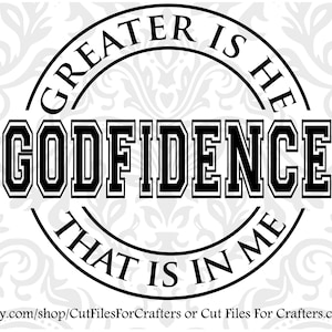 Könnte beinhalten: Schwarzweißes Grafikdesign mit einem Kreis und dem Text "GREATER IS HE GODFIDENCE THAT IS IN ME".