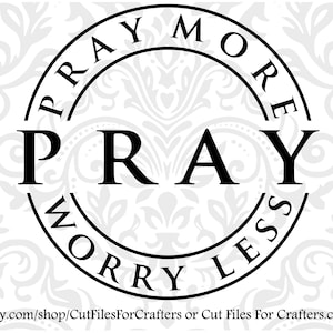 Könnte beinhalten: Schwarzweißes kreisförmiges Design mit dem Text "Mehr beten, weniger sorgen" und dem Wort "Beten" in großen Buchstaben in der Mitte.