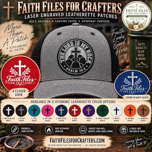 May include: A gray trucker hat featuring a circular black leatherette patch with the text The Lord Is My Rock Psalm 18:2 and a cross graphic. The hat has a mesh back and a structured front panel. Eleven color options for patches are displayed below.