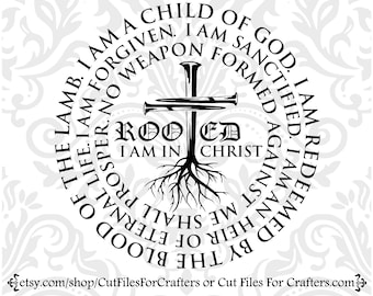 May include: Black and white graphic design of a cross with nails and roots. The text around the cross reads "A Child of God. I am redeemed. I am sanctified. I am the Lamb. I am forgiven. I am no weapon formed against me. I am rooted in Christ. I am an heir of eternal life. I am prosper. By the blood of the Lamb, we shall overcome."