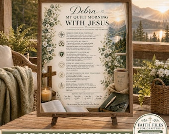 May include: A framed print titled Debra My Quiet Morning With Jesus featuring a list of daily prayers, eucalyptus and white flower illustrations, a wooden cross, a candle, an open book, a pen, and a mug with the text Be still and know.