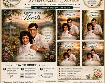 May include: A digital print advertisement for a Grandparents Memorial Series featuring five customizable 8x10 templates. Each design displays a couple in a scenic landscape with text overlays like Forever in Our Hearts and Treasured Memories.