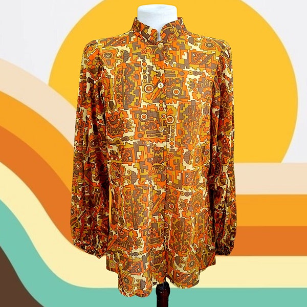 Psychedelic orange brown abstract shirt - groovy womans mens 1960s funky sheer artists blouse with manderin collar uk size M 12  14 16