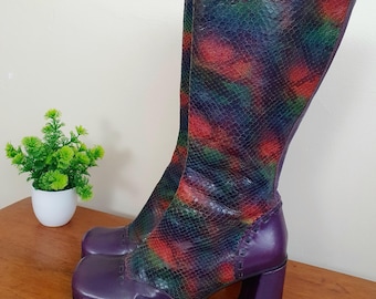 Y2k Shellys snakeskin effect boots - colourful chunky heel vintage calf high shoes-unique 1990s 2000s multicoloured footwear EU 37 UK size 4