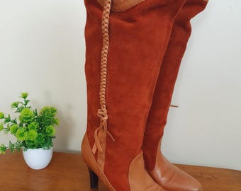 Y2k Shellys russet tan suede boots - 1990s Warm brown tall leather vintage heels with plaits- unique 90s 2000s footwear EU 36 UK size 3.5
