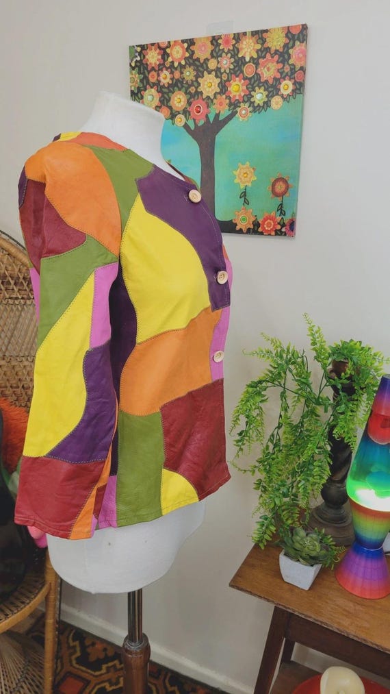 Unique vintage leather patchwork jacket - funky m… - image 12