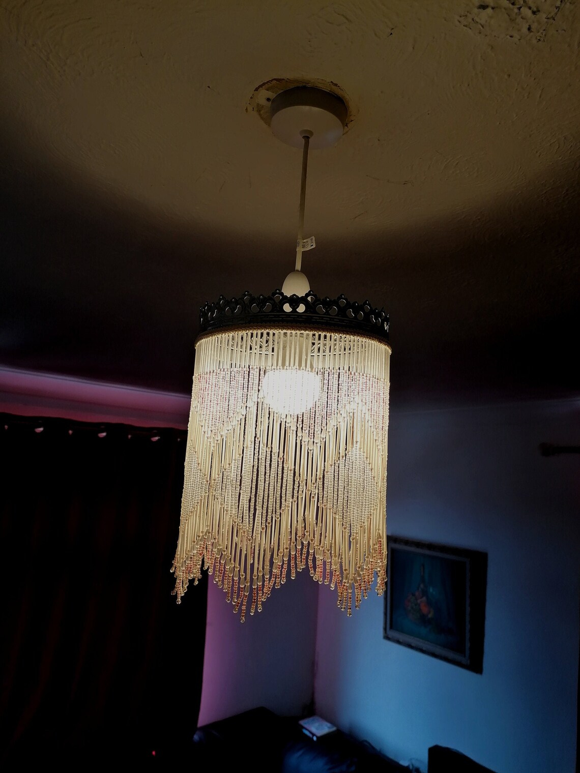 Vintage pink tassel lamp shade beaded fringe ceiling light Etsy