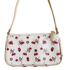 Y2k white monogram baguette - 2000s colourful next shoulder bag - 90s cherry funky mini tote handbag - 00s her sister girlfriend gift UK