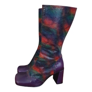 Y2k Shellys snakeskin effect boots - colourful chunky heel vintage calf high shoes-unique 1990s 2000s multicoloured footwear EU 37 UK size 4