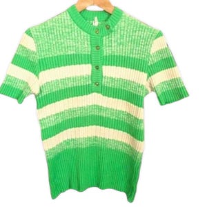 Vintage 1960s 1970s Mod sweater - green and white striped skinny Ribbed Knit t shirt tee short sleeved striped top L /XL Uk size 14 16 18 20