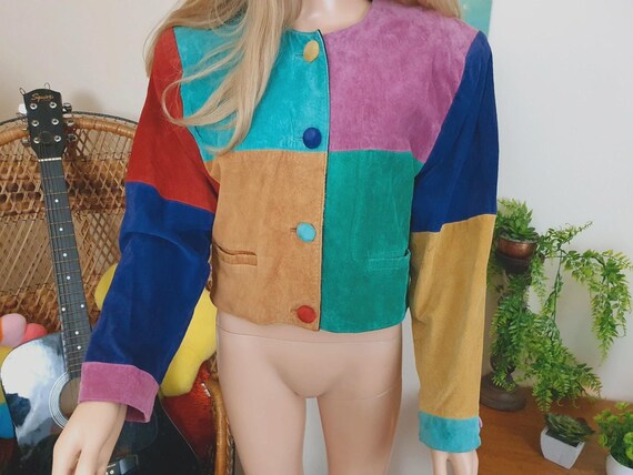 1980s suede colourblock patchwork jacket - croppe… - image 7