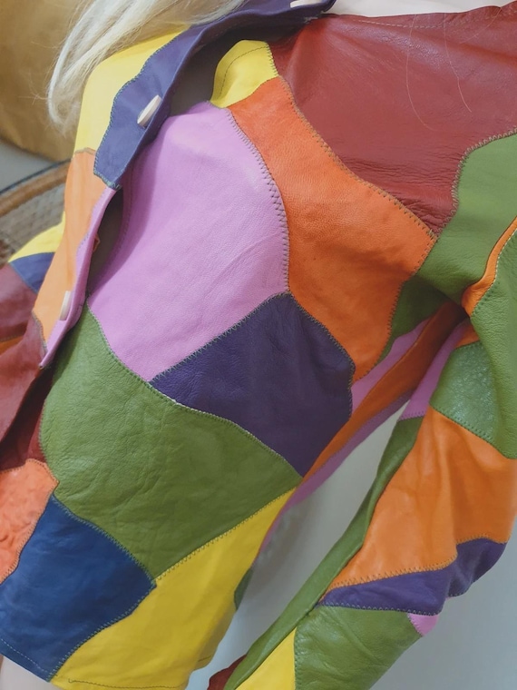Unique vintage leather patchwork jacket - funky m… - image 6