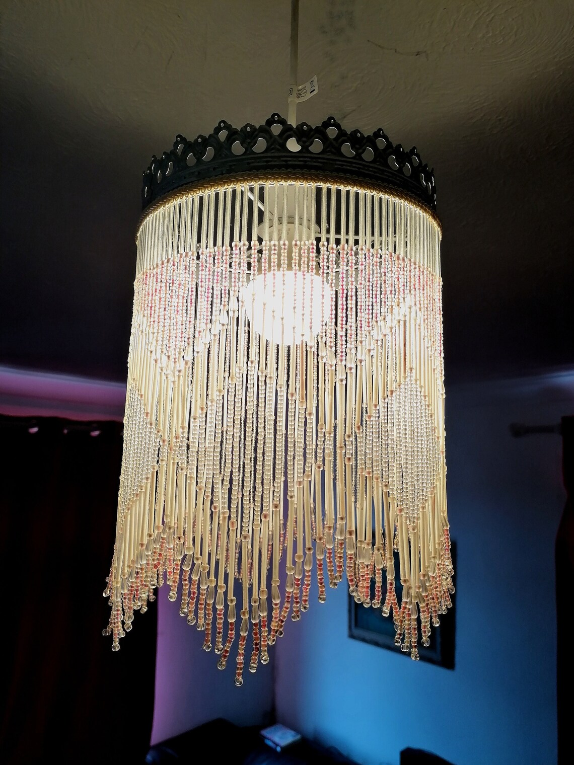 Vintage pink tassel lamp shade beaded fringe ceiling light Etsy