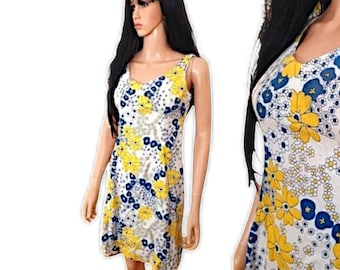1960s Flower power mod mini dress - Vintage 60s pretty floral summer yellow flowered shift dress - UK Size 4 6 8