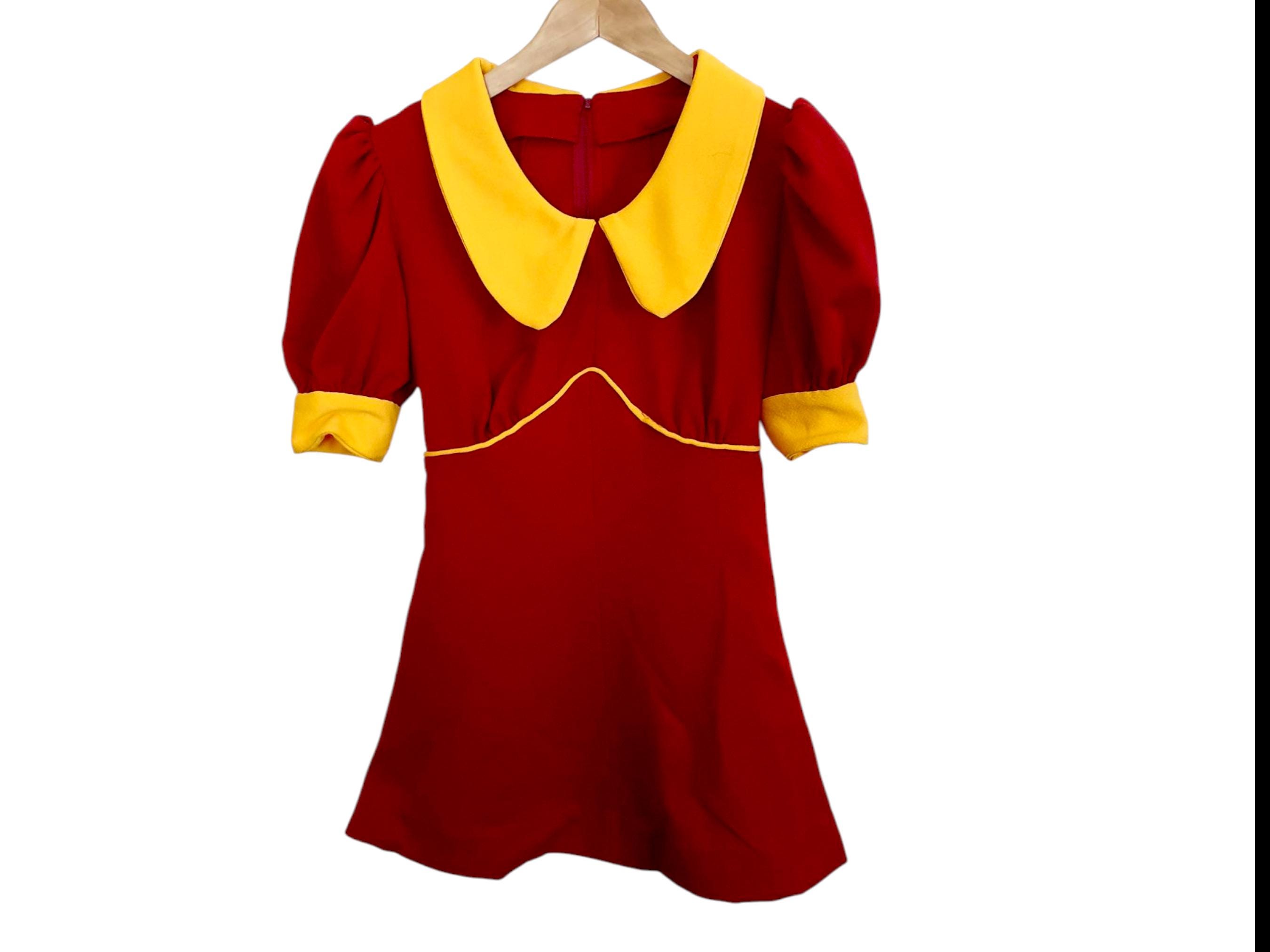 Red vintage 1960s diner mini dress - Mid century American waitress dress, Peter Pan collar maroon retro summer dress - UK size 10 12 14 S/M