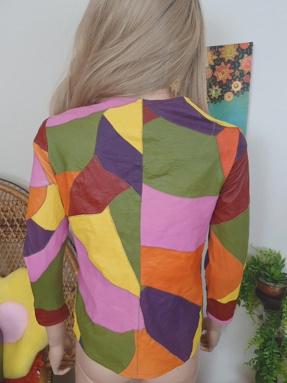 Unique vintage leather patchwork jacket - funky m… - image 3