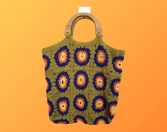 1970s Crochet Shopper Tote Bag With Wooden Handles - colourful granny square festival handbag -70s large top handle purse - boho fashion uk