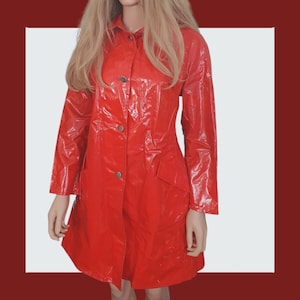 Unique Vintage 1960s Pvc Rain Mac -60s Bright Red Trench Coat