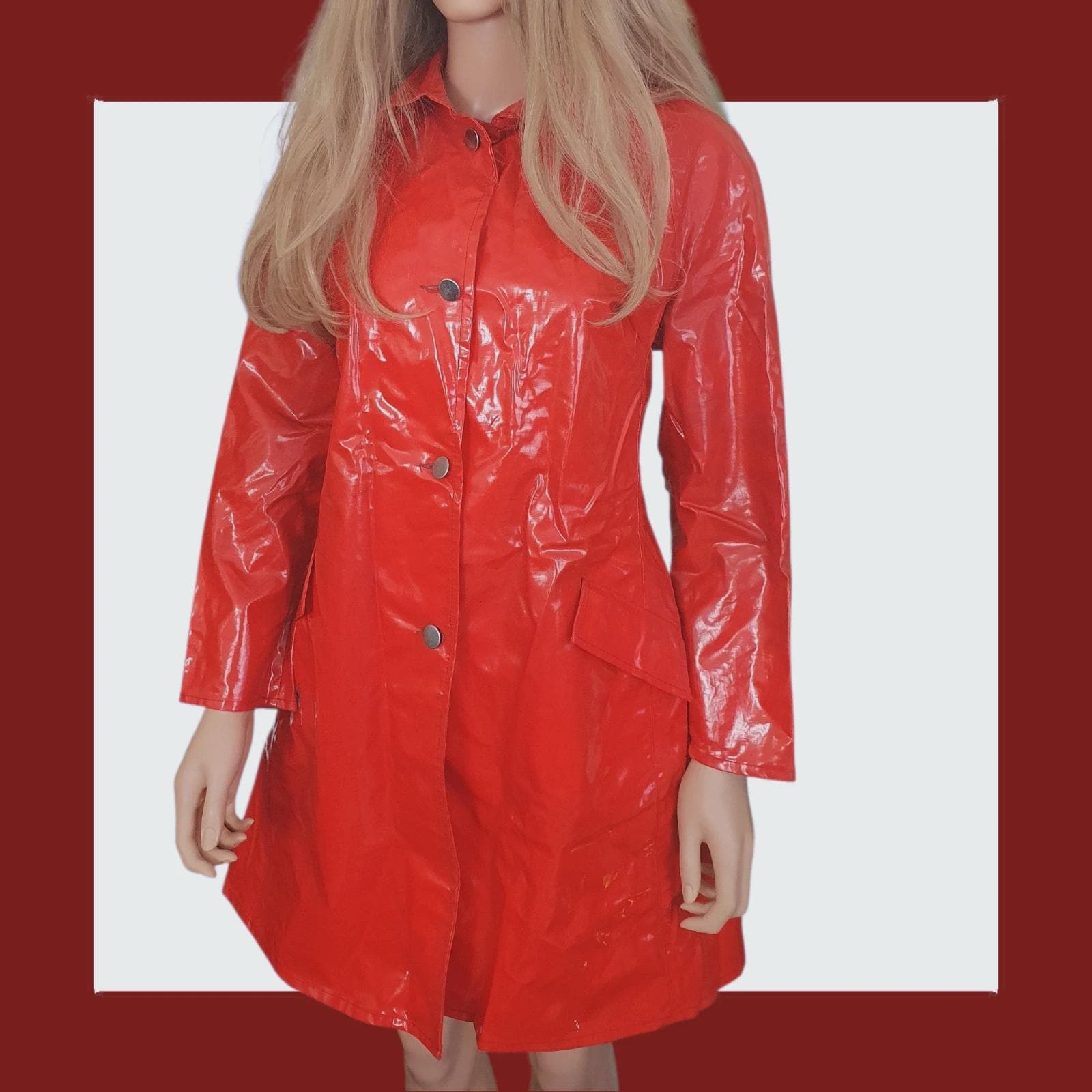 Unique Vintage 1960s Pvc Rain Mac -60s Bright Red Trench Coat