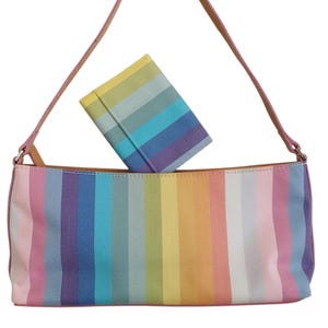 Y2k rainbow striped baguette and purse - 2000s colourful next shoulder bag - 90s funky mini tote handbag - pride festival outfit clothing UK