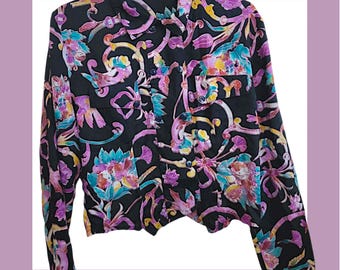 90s colourful cropped abstract button top  - 1990s retro black and purple shirt blouse UK size 12 14