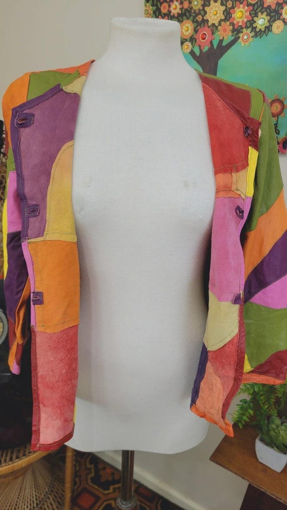 Unique vintage leather patchwork jacket - funky m… - image 11