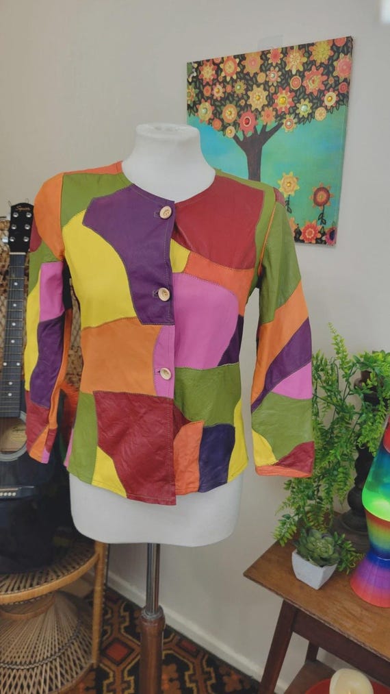 Unique vintage leather patchwork jacket - funky m… - image 13