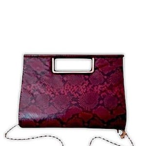 May include: A burgundy snakeskin clutch with a gold-toned top handle.
