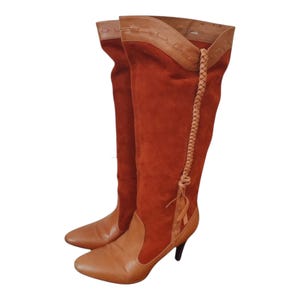 Y2k Shellys russet tan suede boots - 1990s Warm brown tall leather vintage heels with plaits- unique 90s 2000s footwear EU 36 UK size 3.5