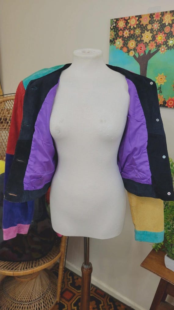 1980s suede colourblock patchwork jacket - croppe… - image 9