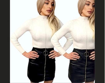 Vintage LIPSY y2k does 60s dress - designer Mod 1960s black and white high neck faux leather skirt - uk size 8 s small 10 monochrome uk