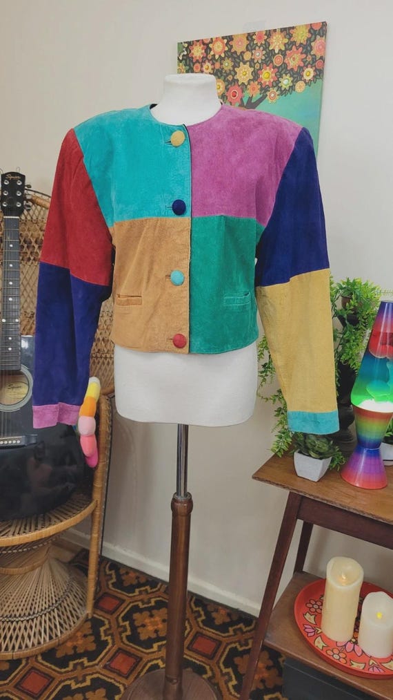 1980s suede colourblock patchwork jacket - croppe… - image 8