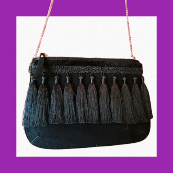 1990s handbag black, black boho evening purse , cute New Look tassel hand bag, Retro club formal special occasion  present gift her wife UK