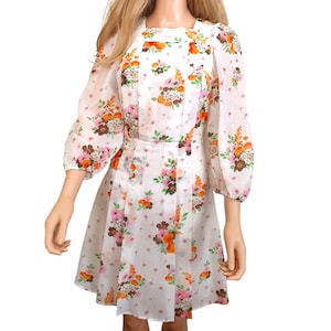 1960s floral chiffon mini day dress - Pretty vintage babydoll dress - unique mid century praire cottagecore dress -  womans UK size 8 10 12