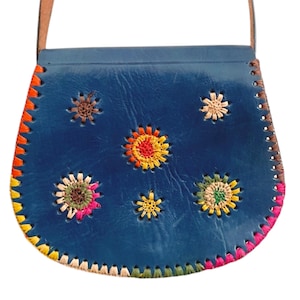 1970s unique leather shoulder bag -boho hand painted hand bag - bohemian mid century saddle bag -  retro festival goodwood revival purse UK