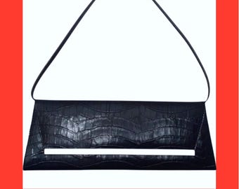 00s Barrats Krokodilmuster Baguette schwarz schwarz Baguette - 90er Jahre Schultertasche - 90er Jahre Lack Kroko Baguette