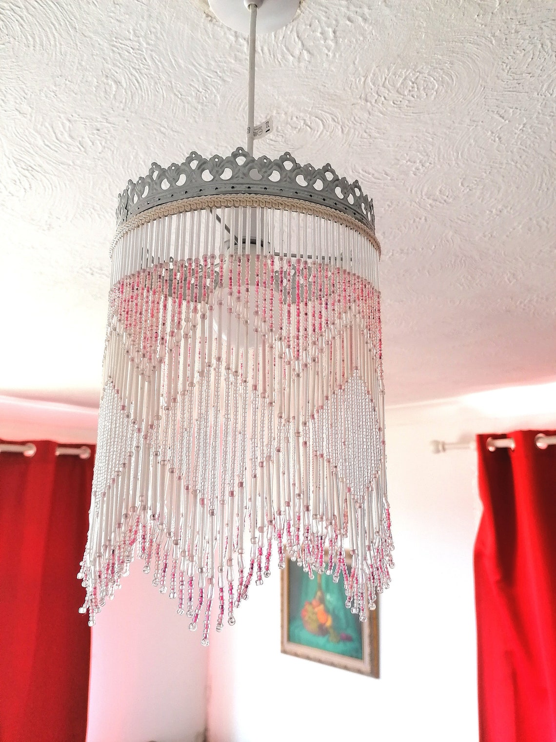 Vintage pink tassel lamp shade beaded fringe ceiling light Etsy