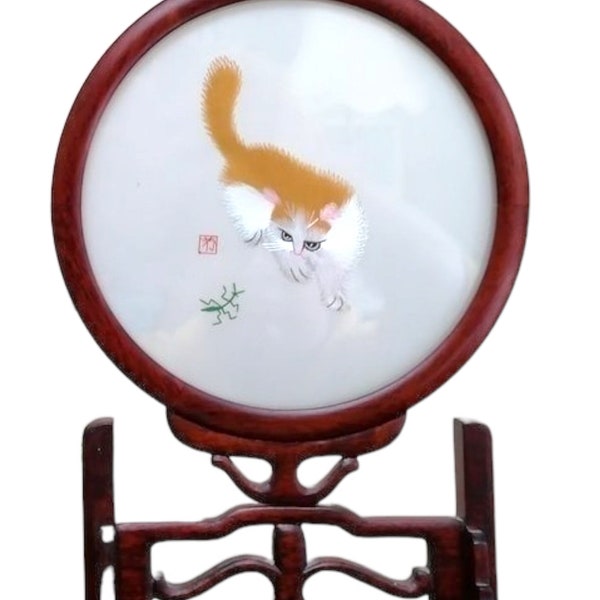 Chinese silk embroidery screen - Two sided silk cat and cricket picture Round frame - Oriental art Chinese Handmade Suzhou Embroidery Screen