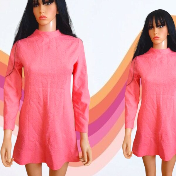 1960s Pink High Neck mod Mini Dress Size 10 - bubblegum pink turtleneck long sleeved retro dress - 60s twiggy clothes uk size 8 10 12 Medium