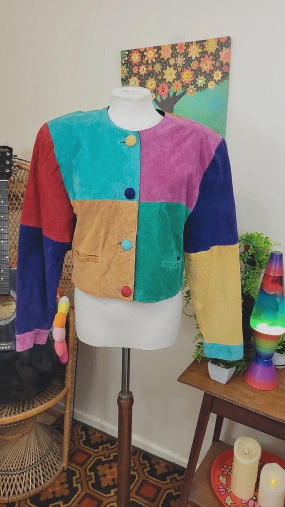 1980s suede colourblock patchwork jacket - croppe… - image 2