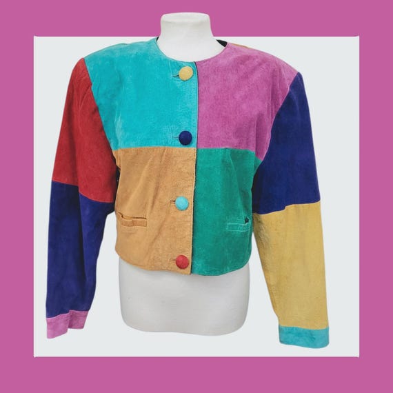 1980s suede colourblock patchwork jacket - croppe… - image 1
