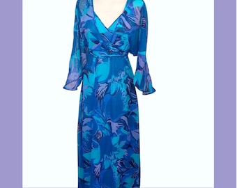 Vestido de noche de gasa único de los años 70 - Vestido maxi floral con bolero de manga larga - Prenda de cóctel azul violáceo para mujer pequeña, talla 8 del Reino Unido