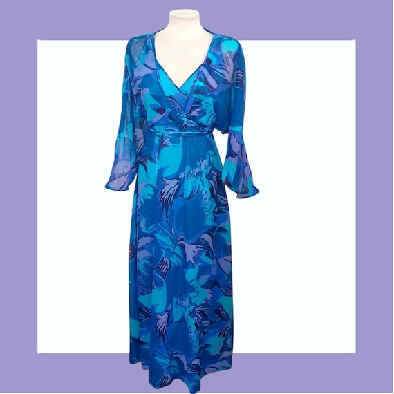Unique 1970s Chiffon Evening Gown -floral Maxi Dress With Long Sleeve  Bolero Shrug -purple Blue Cocktail Clothing for Petite Woman UK Size 8