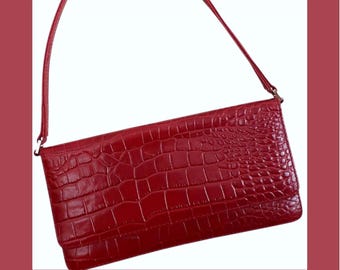 Borsa a tracolla in pelle rosso scuro vintage Y2k - Borsa a mano in pelle di serpente bordeaux Y2k - Mini baguette anni 2000 - regalo per donna, sorella e mamma