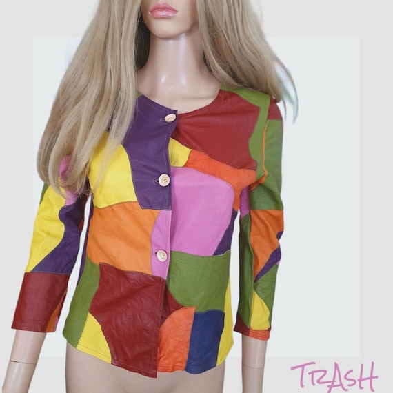 Unique vintage leather patchwork jacket - funky m… - image 16