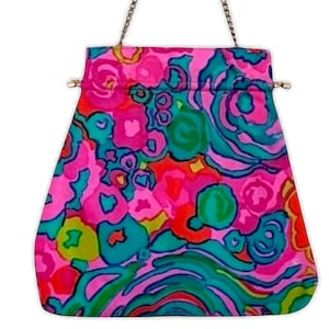 Super rare unique and exquisite 1960s psychedelic evening bag with matching purse - colourful funky 60s retro handbag with gold chain uk