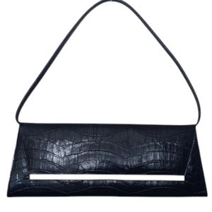 Y2k black mock croc baguette - 2000s Barrats crocodile pattern shoulder bag - 90s smart mini tote handbag - 00s Patent handbag for woman UK