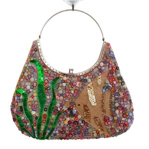 Vintage seascape Millefiori Beaded kiss clasp Evening Purse - colourful sequin elegant clutch bag for prom or wedding - baroque Gift her UK