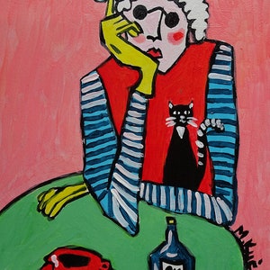 picture for the living room perfect for a gift Picture dimensions: 8/11 in minimalist picture pop art fauvism henri matisse style grandmother with a cat